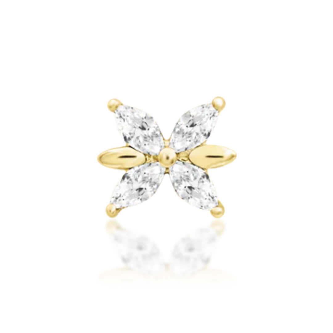 14k gold floral piercing end with marquise-cut white CZ stones and gold petal details