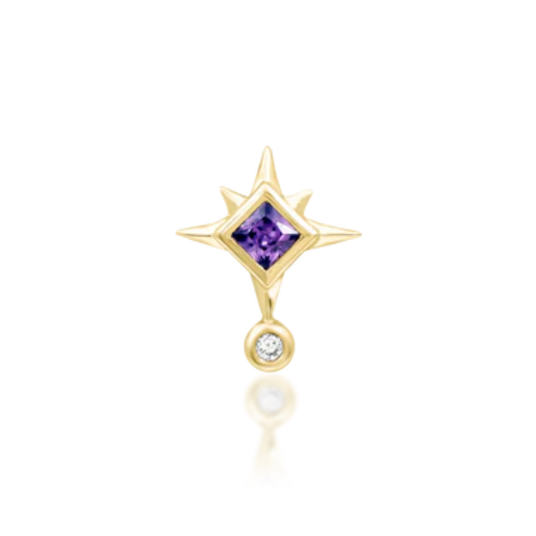 14k gold starburst piercing end with purple princess-cut CZ and dangling white CZ