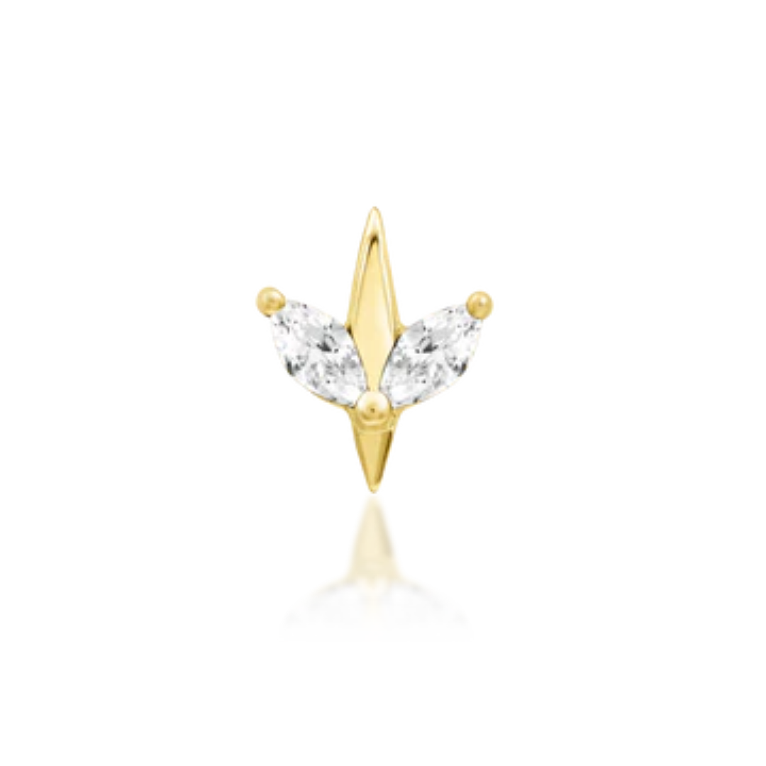 14k gold piercing end with white marquise CZs and polished gold spike
