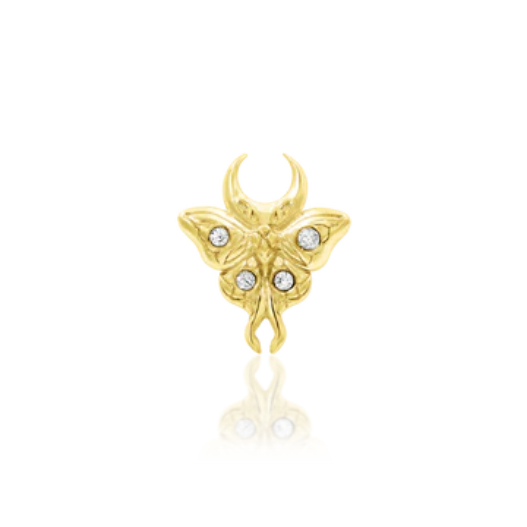 14k gold moth-shaped piercing end with crescent moon and white CZ accents