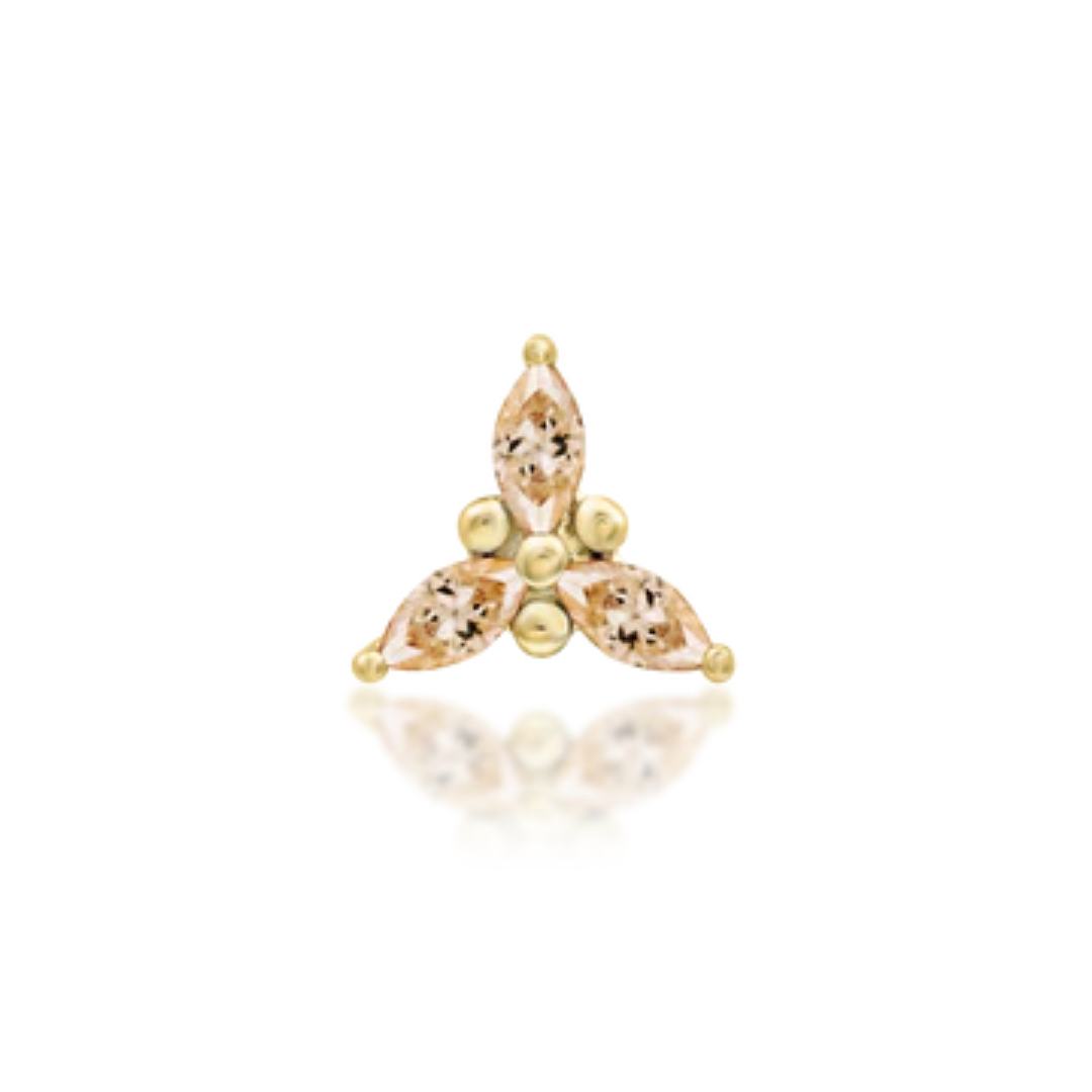 14k gold piercing end with marquise-cut champagne CZs and gold bead accents