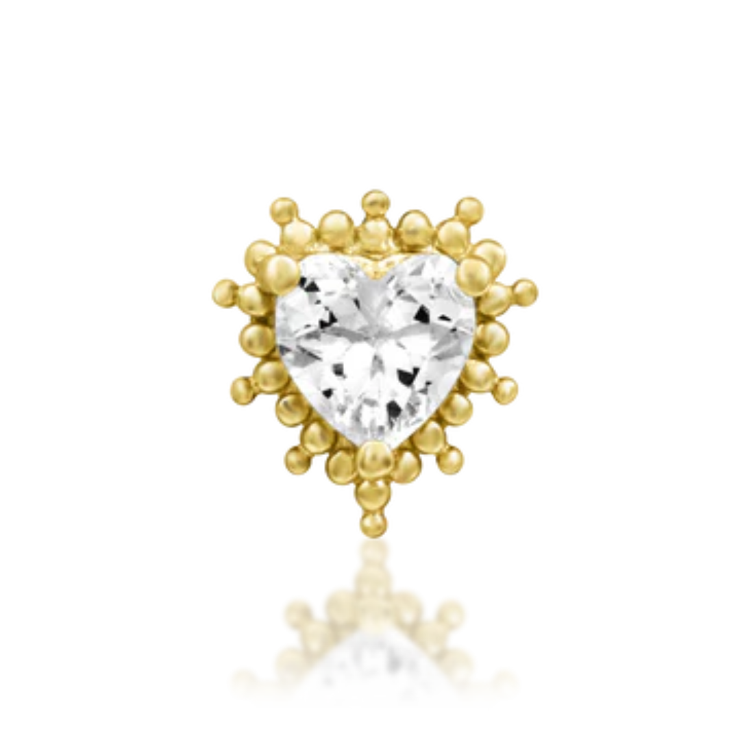 14k gold heart-shaped white CZ piercing end with beaded gold halo