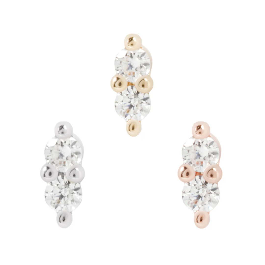 Two-stone Mishka Prong 2 threadless ends with genuine diamond gemstones in yellow, white, and rose gold settings – luxury body jewellery for healed piercings