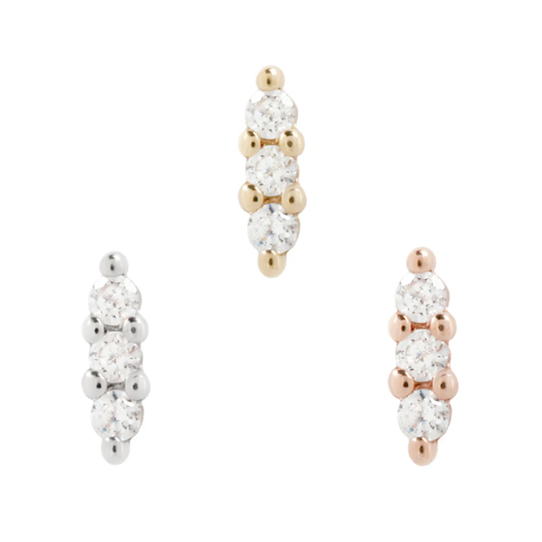 Mishka Prong 3 threadless end with three genuine diamonds in solid gold – refined luxury piercing jewellery for an elevated ear stack.