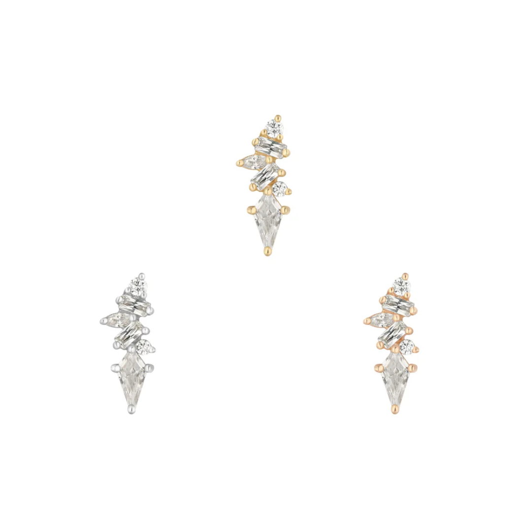Mixt threadless end in solid gold with clear CZ gemstones – elegant, sculptural body jewellery for curated ear styling.