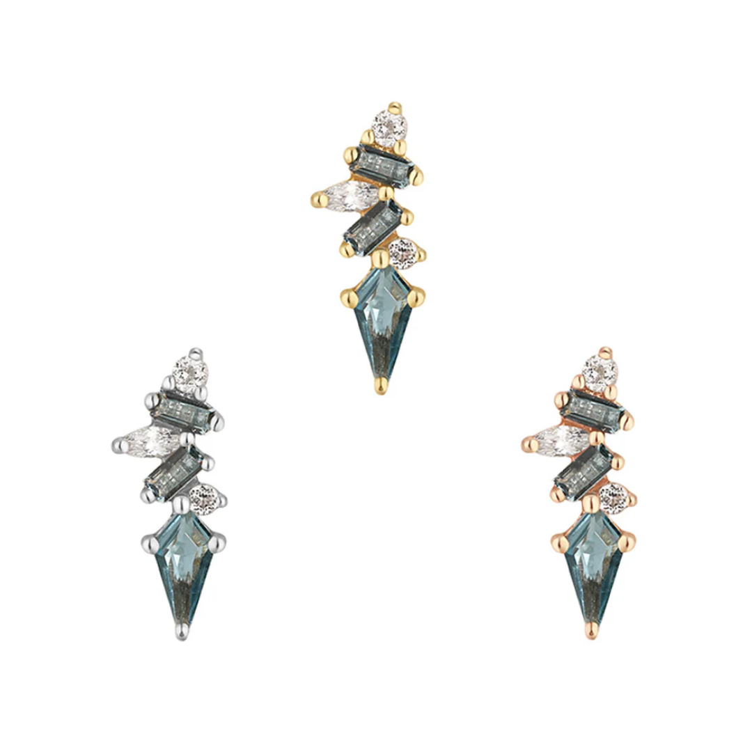 Mixt threadless end in solid gold featuring London Blue Topaz and CZ gemstones – luxury designer body jewellery with a geometric flair
