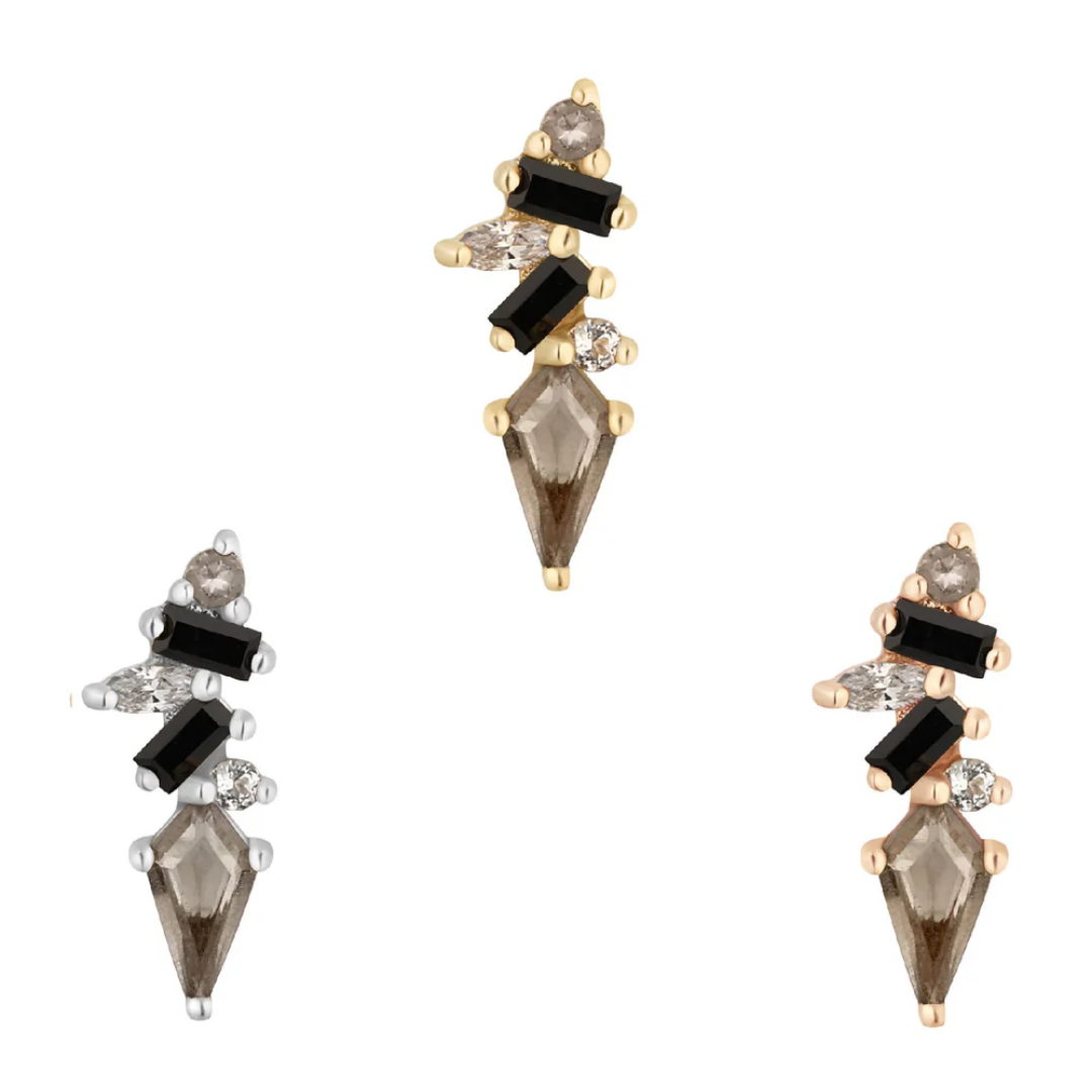 Mixt threadless end in solid gold featuring smoky quartz, black spinel and CZ stones – luxury ear jewellery with bold geometric style