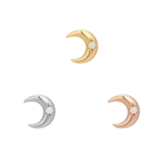 Polished crescent moon threadless end featuring a sparkling central CZ – celestial inspired luxury jewellery for ear curation.