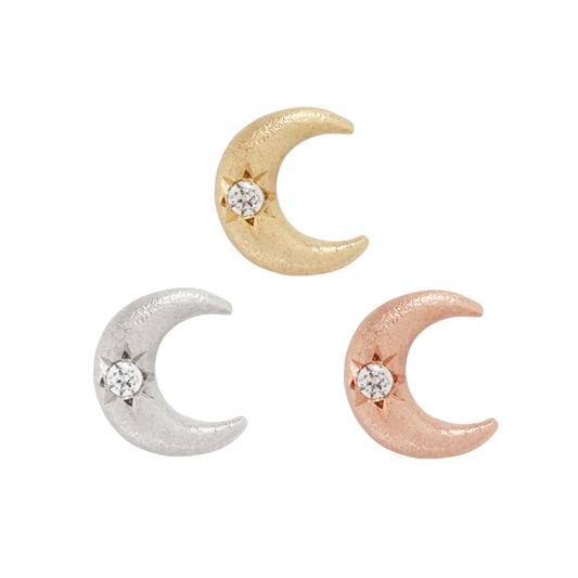 Moonshine crescent moon threadless end with satin finish and central CZ – whimsical luxe body jewellery for celestial ear curation.