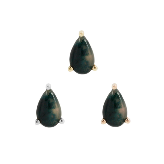 Teardrop-shaped moss agate threadless end in 14k gold – earthy luxury piercing jewellery with natural gemstone charm.