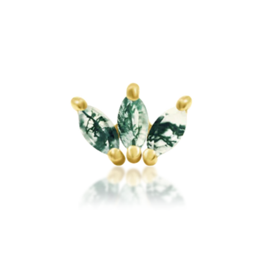 14k gold fan-shaped piercing end with three marquise moss agate stones
