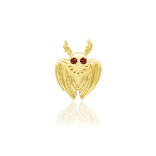 14k gold piercing end shaped like Mothman with red CZ eyes and sculpted wings