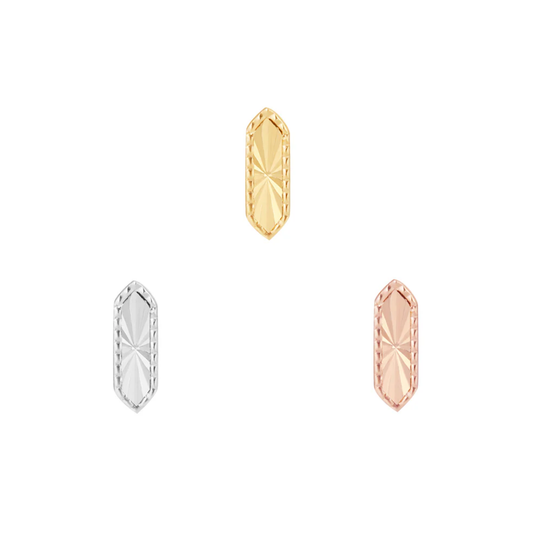 Geometric 14k gold threadless end with engraved sunburst design – minimalist luxury piercing jewellery with modern edge.