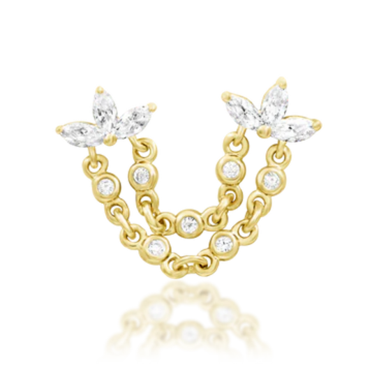 14k gold double piercing chain with marquise CZ clusters and bezel-set CZ links