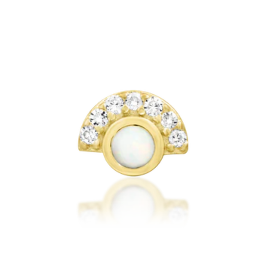 14k gold crescent-shaped piercing end with opal centre and white CZ halo
