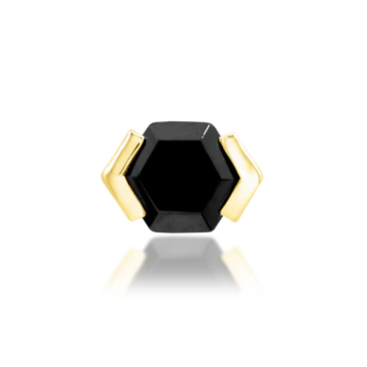 14k gold piercing end with hexagon-cut black CZ and angular gold prongs