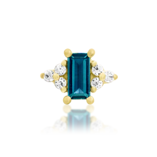 14k gold piercing end with baguette-cut alexandrite and white CZ cluster accents