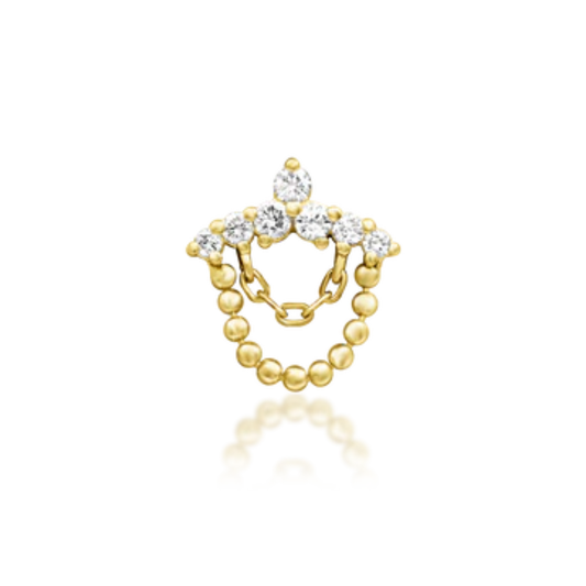 14k gold piercing end with white diamonds, beaded halo, and gold chain detail
