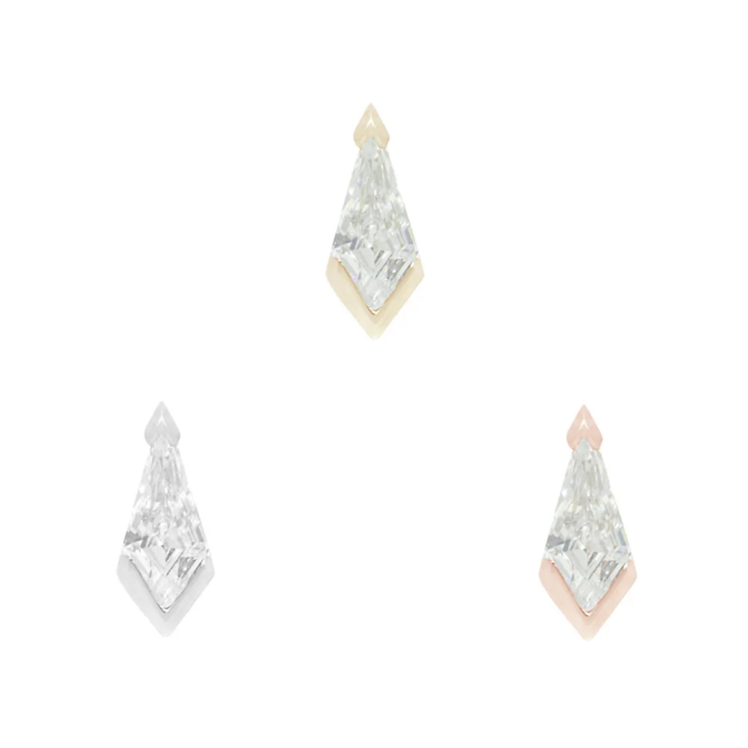 Geometric CZ threadless end with sharp diamond-shaped cut – bold, modern luxury for curated ear styling and high-end piercings.