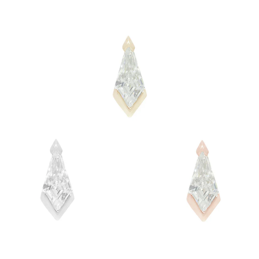 Geometric CZ threadless end with sharp diamond-shaped cut – bold, modern luxury for curated ear styling and high-end piercings.