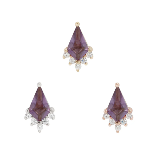 Luxury amethyst threadless end with clustered CZ accents – a regal, sculptural piece for high-end curated ear styling.