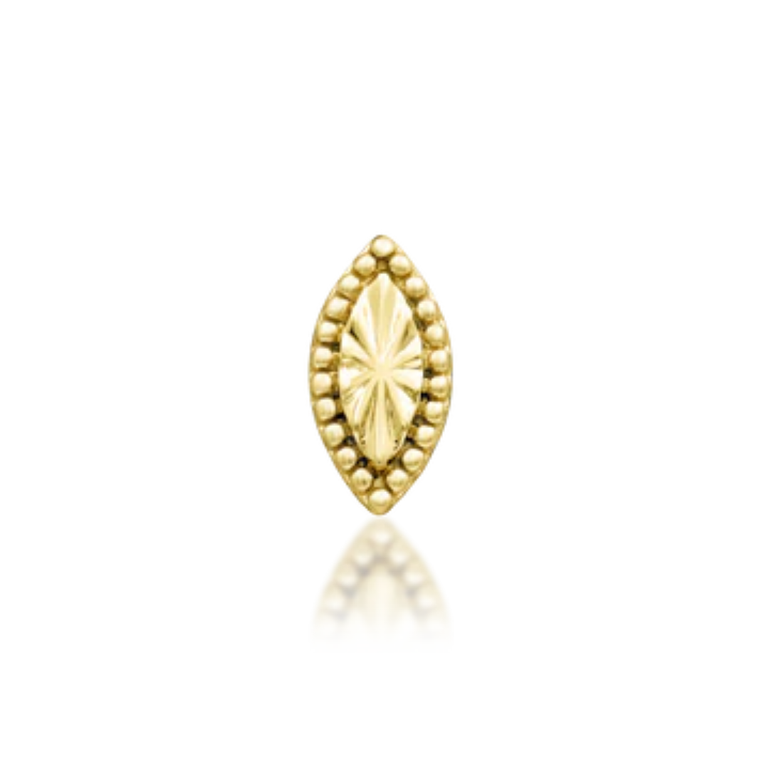 14k gold marquise-shaped piercing end with starburst engraving and beaded border
