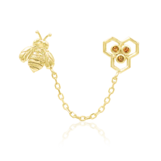 14k gold bee and honeycomb piercing end with amber CZs and connecting chain