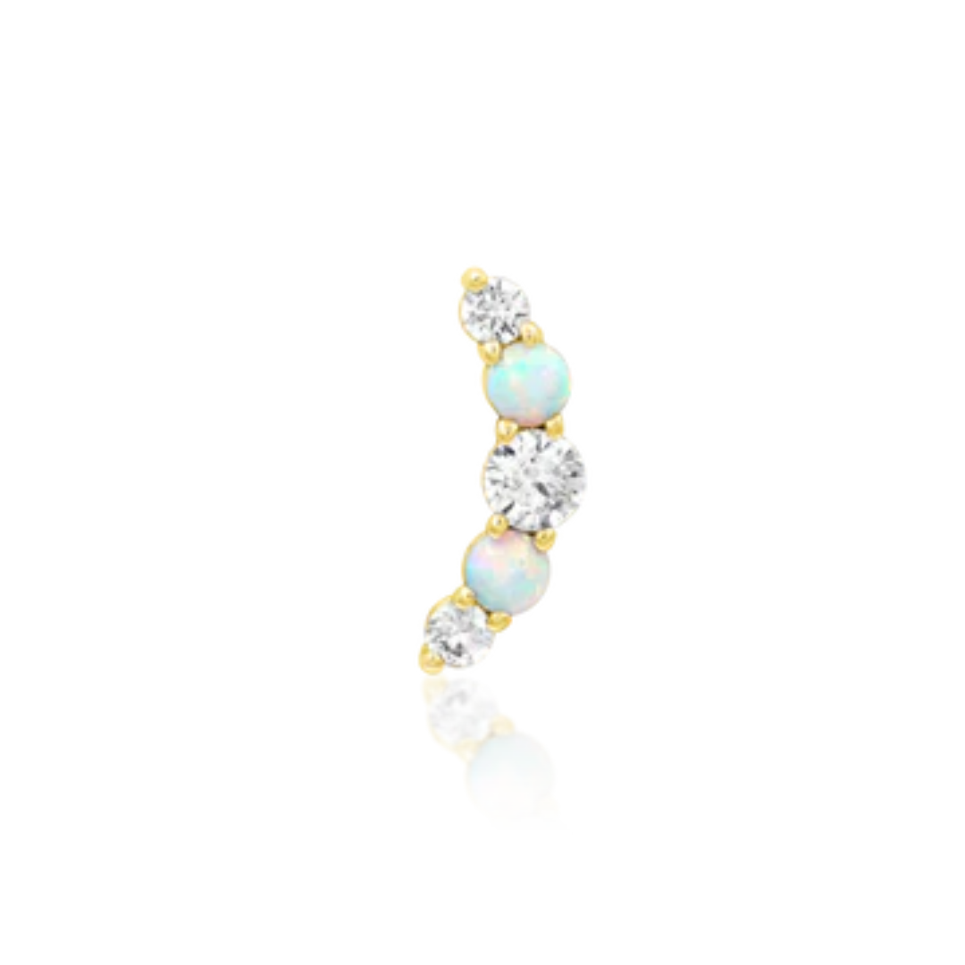 Very shiny 14k gold body jewellery featuring a gentle curve of alternating luminous opals and round-cut clear cubic zirconia stones. A graceful design ideal for helix, rook, or flat piercings