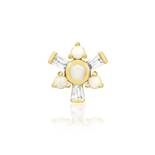 Very shiny 14k gold body jewellery featuring a central round opal surrounded by baguette-cut clear cubic zirconia and smaller opal accents. Perfect for helix, conch, or flat piercings