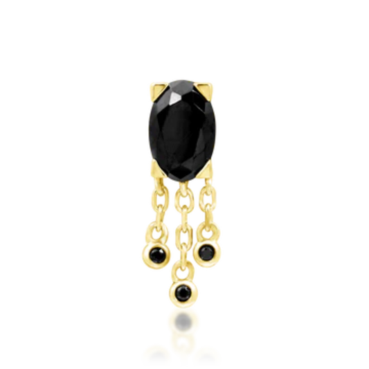 14k gold piercing end with oval black CZ and three dangling black CZ chains