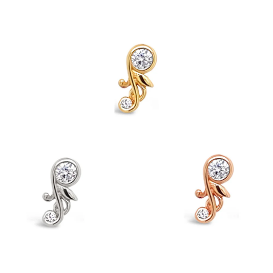 Elegant swirl threadless end with bezel-set cubic zirconia and delicate leaf detail – fine luxury ear jewellery.