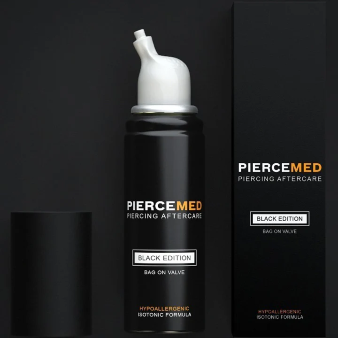 PierceMed Black Edition piercing aftercare spray with hypoallergenic isotonic formula