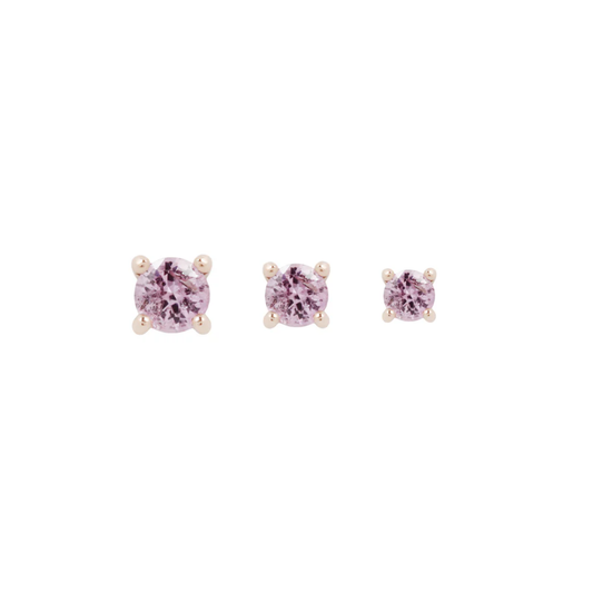 Round pink sapphire threadless end in 14k gold prong setting – elegant gemstone piercing jewellery available in multiple sizes.