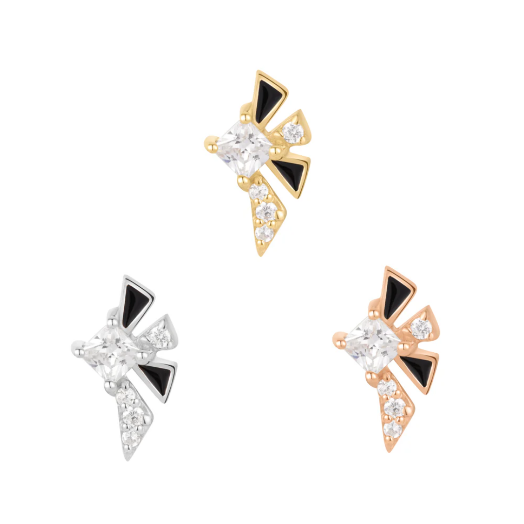Geometric threadless end featuring black enamel and CZ detailing in a fan shape – luxury art deco-inspired body jewellery