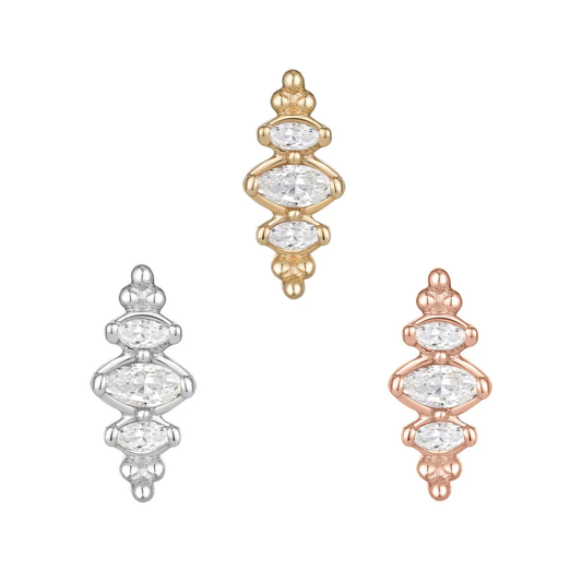 Marquise-cut CZ threadless end in gold, rose gold, and silver – elegant symmetry meets high-end body jewellery for a timeless, modern look