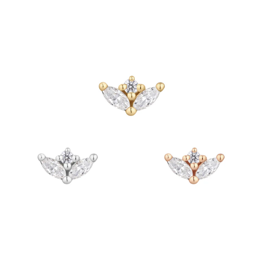 Pur threadless end in 14k yellow, white, and rose gold featuring marquise and round CZ gems in a delicate floral-inspired cluster