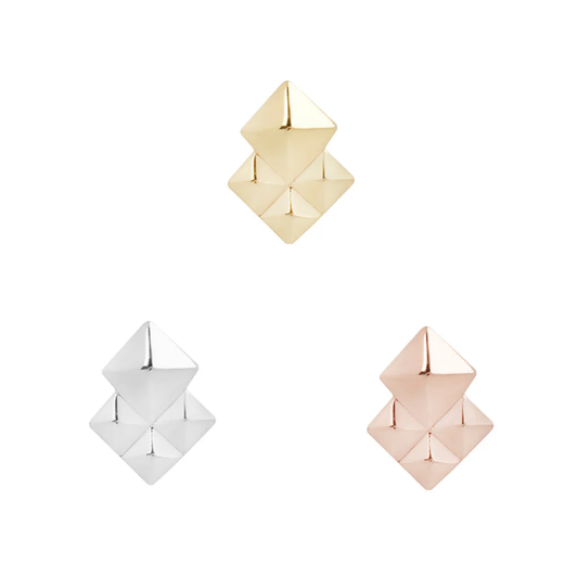Geometric double pyramid threadless end in 14k yellow, white, and rose gold, featuring a modern faceted design