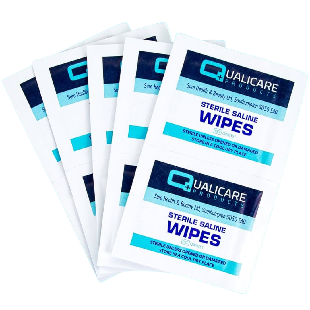 Qualicare sterile saline wipes for piercing aftercare, individually wrapped sachets on blue background