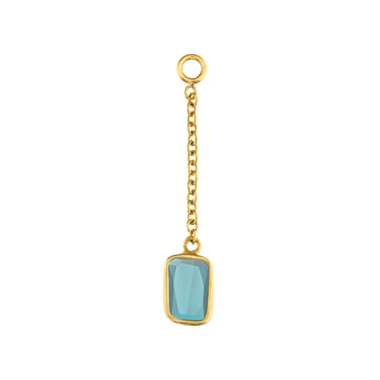 Quetzalli Blue Diamond Dangle charm in 14k yellow gold featuring a fine chain with a rectangular faceted blue gemstone pendant, photographed against a white background.