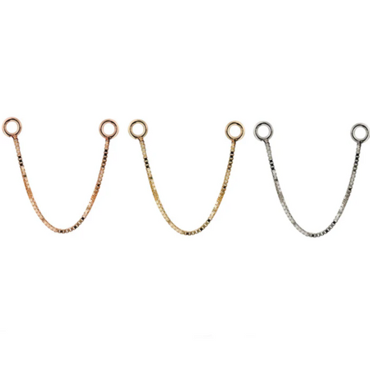 Three Quetzalli Box Chains in 14k yellow, rose, and white gold, each featuring a fine square-link design with a circular connector ring at each end, displayed on a white background.