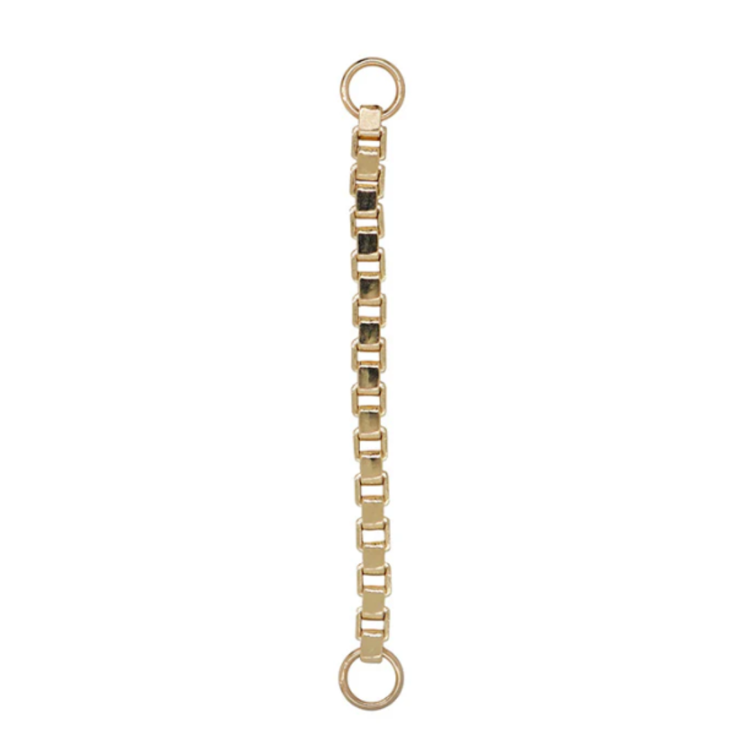 Quetzalli Chunky Box chain in solid 14k gold, featuring a bold sequence of polished square links connected end to end with circular loops for attachment. The design offers a structured, modern look with a luxurious weight and smooth golden finish.