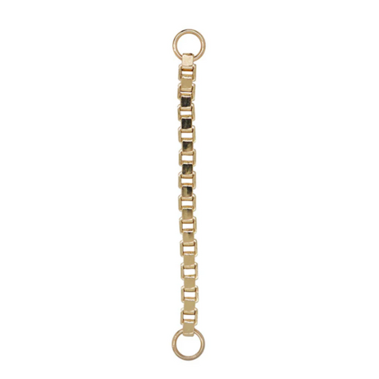 Quetzalli Chunky Box chain in solid 14k gold, featuring a bold sequence of polished square links connected end to end with circular loops for attachment. The design offers a structured, modern look with a luxurious weight and smooth golden finish.