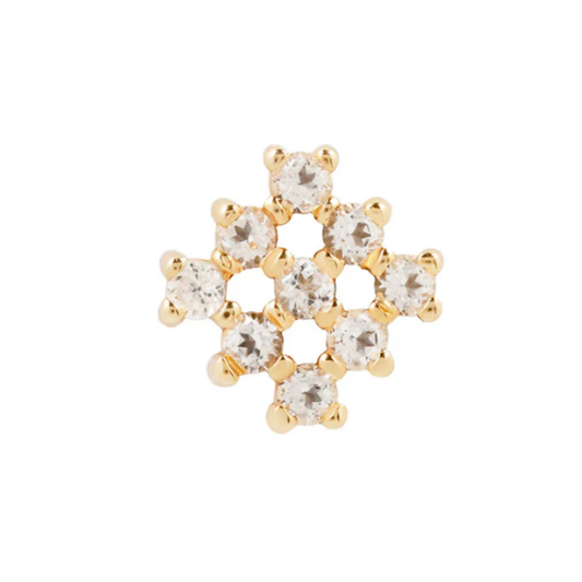 Quetzalli Ethereal threadless end in 14k yellow gold featuring nine round faceted clear gemstones set in a clustered formation with polished gold prongs, displayed against a white background.