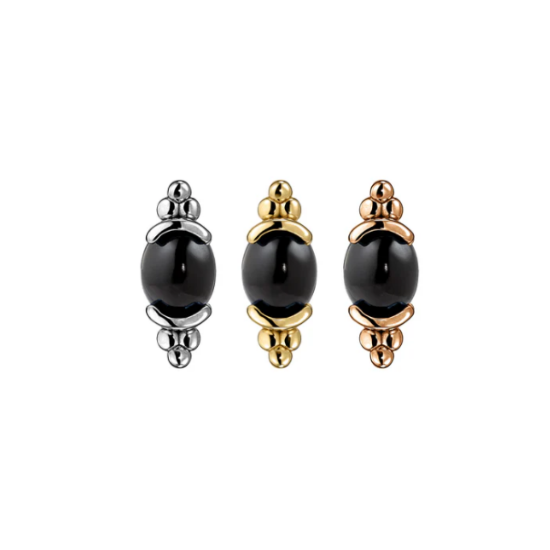 Three Quetzalli Sonet threadless ends featuring polished black obsidian cabochons set in 14k yellow, rose, and palladium white gold with beaded detailing, displayed on a white background.