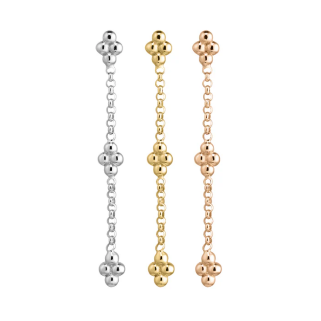 Three Quetzalli Sweet Dream chains in 14k yellow, rose, and white gold, each featuring a fine chain with evenly spaced clusters of polished gold beads, displayed on a white background.
