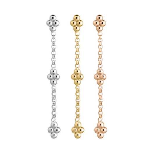 Three Quetzalli Sweet Dream chains in 14k yellow, rose, and white gold, each featuring a fine chain with evenly spaced clusters of polished gold beads, displayed on a white background.