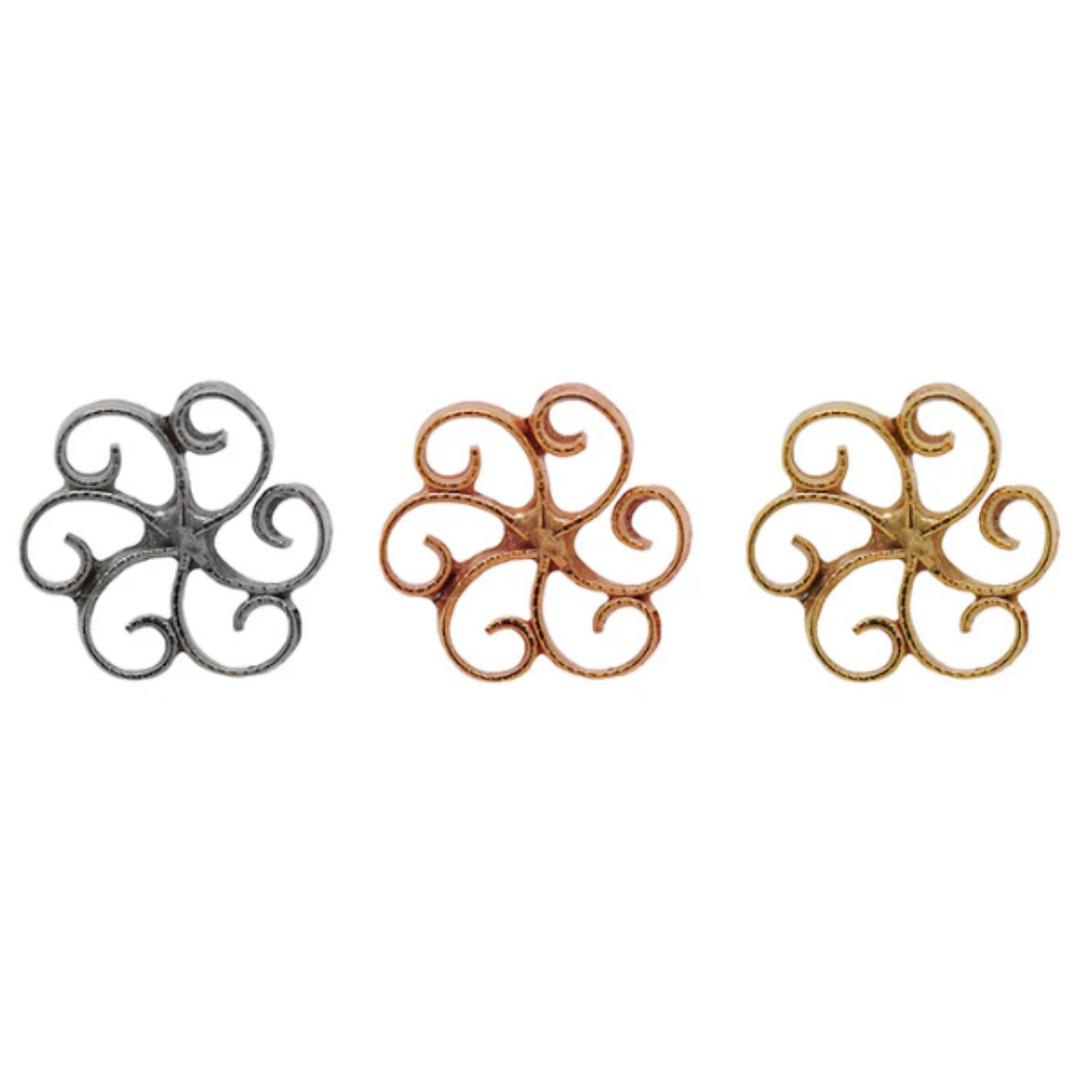 Three Quetzalli Trisha threadless ends in 14k yellow, rose, and white gold, each featuring an open scrollwork floral design with soft curves and a central star motif, displayed on a white background.