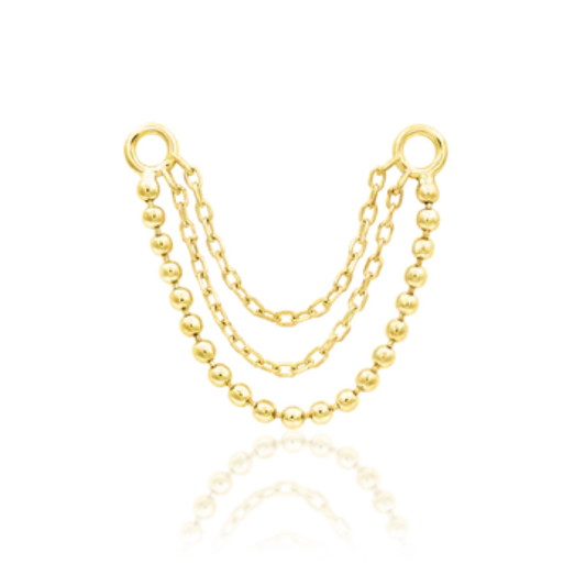 Junipurr Jewellery triple chain attachment with beaded and cable chain layers in solid yellow gold