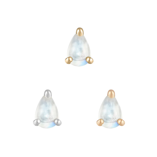 Pear-cut rainbow moonstone threadless end in 14k yellow, white, and rose gold, glowing with soft iridescence.