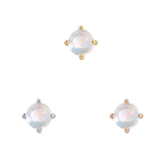 Round rainbow moonstone threadless end in 14k yellow, white, and rose gold with glowing opalescent shimmer